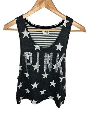 PINK Victoria's Secret Top Women’s XS Black Star Sequin Logo Tank LIKE NEW!
